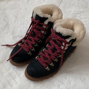 Sorel Ainsley Conquest 6.5 Black Burgundy Fur Suede Boots